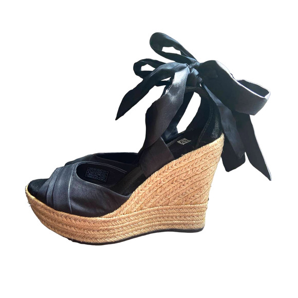 UGG Size 6 Luciana Wrap Black Raw Silk Ankle Wrap Espadrille Wedges - Picture 1 of 8